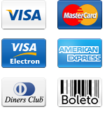Cartões Visa, Mastercard, Hypercard, American Express, Boleto Bancário